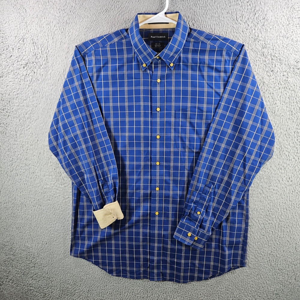 Paul Fredrick Mens 16.5 x 35 Tailored Fit Non-Iron Blue Yellow Grid Dress Shirt